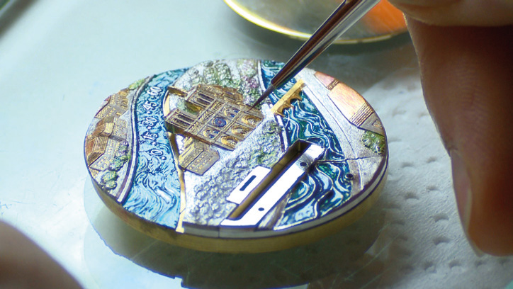 процесс нанесения миниатюры на циферблат Lady Arpels Poetic Wish