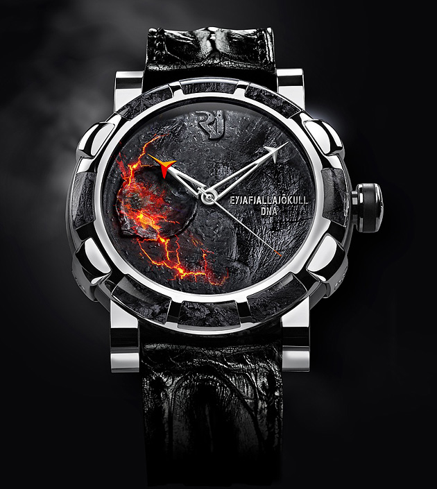 Часы Romain Jerome Eyjafjallajokull-DNA — устрашающее зрелище. Носить их нужно аккуратнее, чтобы раскаленная лава из вулкана не обожгла запястье.