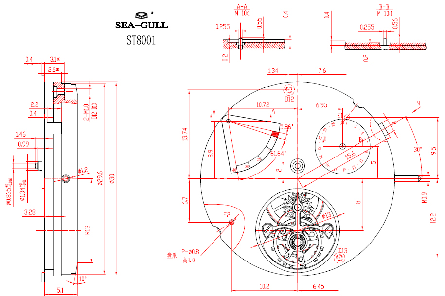 технический чертеж механизма Sea-Gull ST 8001