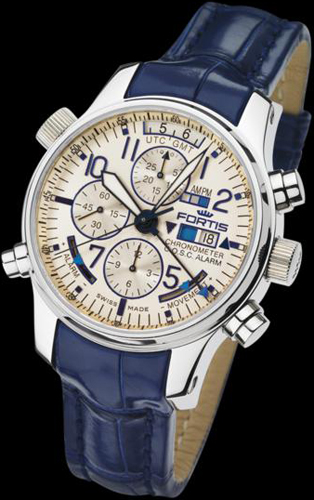 Первый в мире автоматический хронограф с функцией будильника Flieger Limited Edition Chronograph Alarm GMT Chronometer C.O.S.C. Dual Power Reserve (Ref. No. 703.20.92) — новинка 2012 года от компании Fortis. Отличный подарок всем «любителям поспать»