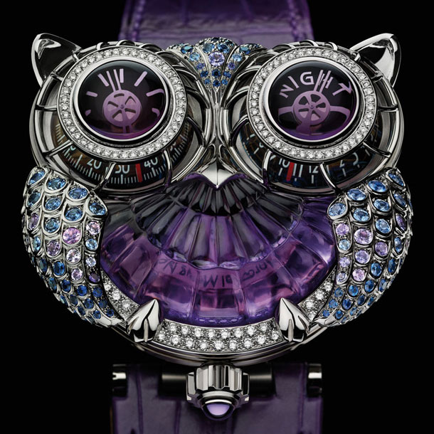 Фиолетовая сова? Не совсем. Это ювелирные наручные часы JwlryMachine от  MB & F и Boucheron для экстравагантных поклонников ночной жизни в большом городе.