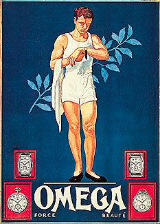 Одна из первых "олимпийских" афиш Omega, созданных для Олимпийских игр 1932 года в Лос-Анджелесе Одна из первых "олимпийских" афиш Omega, созданных для Олимпийских игр 1932 года в Лос-Анджелесе