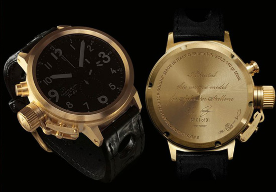 Золотые часы U-BOAT Flightdeck 50 CA 18K с крупной заводной головкой, выполненные по специальному заказу для легендарного Рокки