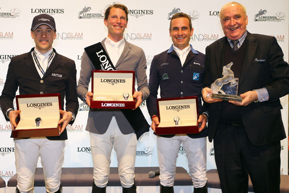 Longines Hong Kong Masters 2014: Саймон Делестр (Simon Delestre) – второе место на Longines Speed Challenge; Кевин Стаут (Kevin Staut) – победитель Longines Speed Challenge; Жюльен Эпалард (Julien Epaillard) – третье место на Longines Speed Challenge; г-н Вальтер фон Канель (Mr. Walter von Känel) – президент Longines