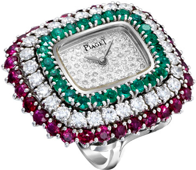 часы-кольцо Piaget из белого золота с бриллиантами, рубинами и изумрудами