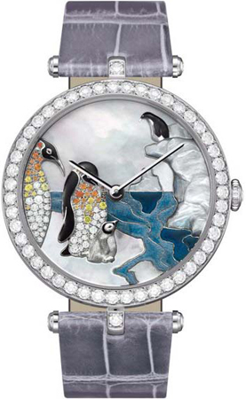 Новинка Van Cleef & Arpels с выставки SIHH 2012 — продолжение темы, навеянной романами Верна. Перламутровые айсберги и эмалевые пингвины — это пейзаж, который увидел бы человек из корзины воздушного шара, летящего над Антарктидой.