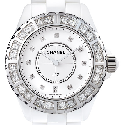  Chanel Céramique blanche lunette acier sertie et cadran 11 index diamants