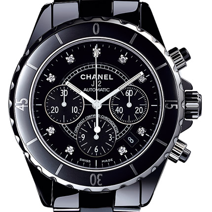часы Chanel Chrono céramique noire, cadran 9 index diamants