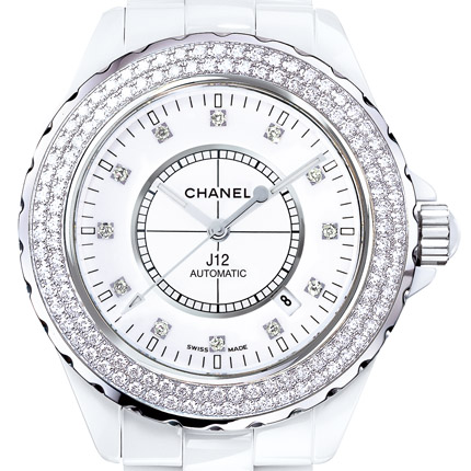 часы Chanel J12 Céramique blanche / Lunette acier sertie diamants, cadran 12 index diamants