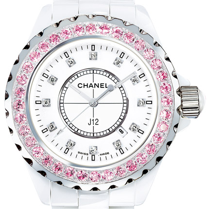 часы Chanel J12 Céramique blanche / Lunette un rang serti saphirs roses, cadran index diamants