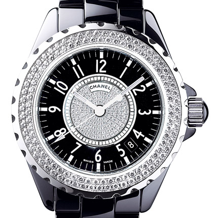 часы Chanel J12 Céramique noire lunette sertie et cadran pavé diamants